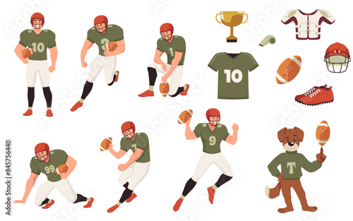 American college football sport game equipment vector cartoon set, cartoon athlete male in uniform playing rugby, dog