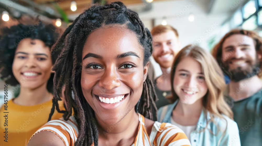 Group of young people smiling and posing for a selfie Group of young people smiling and posing for a selfie