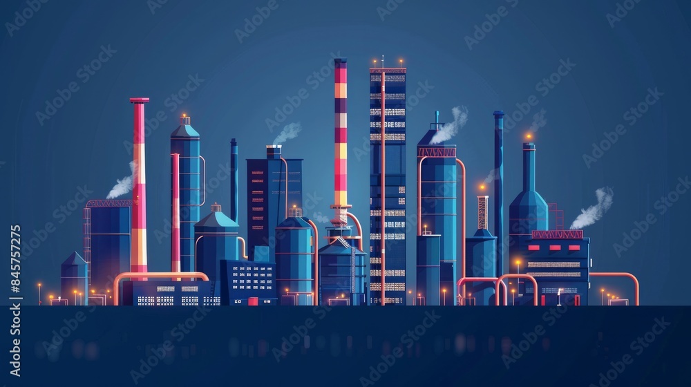 Obraz premium Depicting the heavy industry concept an industrial plant manufacturing building and factory are portrayed against a dark blue backdrop