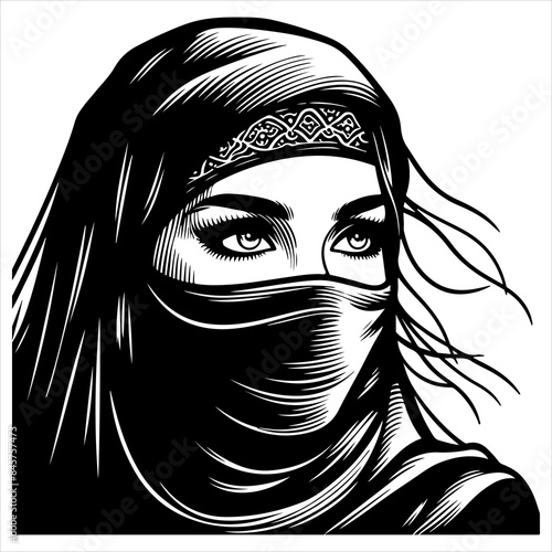 Muslim woman in hijab black outline illustration.