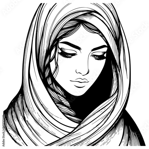 Muslim woman in hijab black outline illustration.