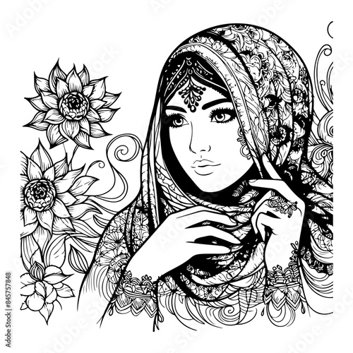 Muslim woman in hijab black outline illustration.