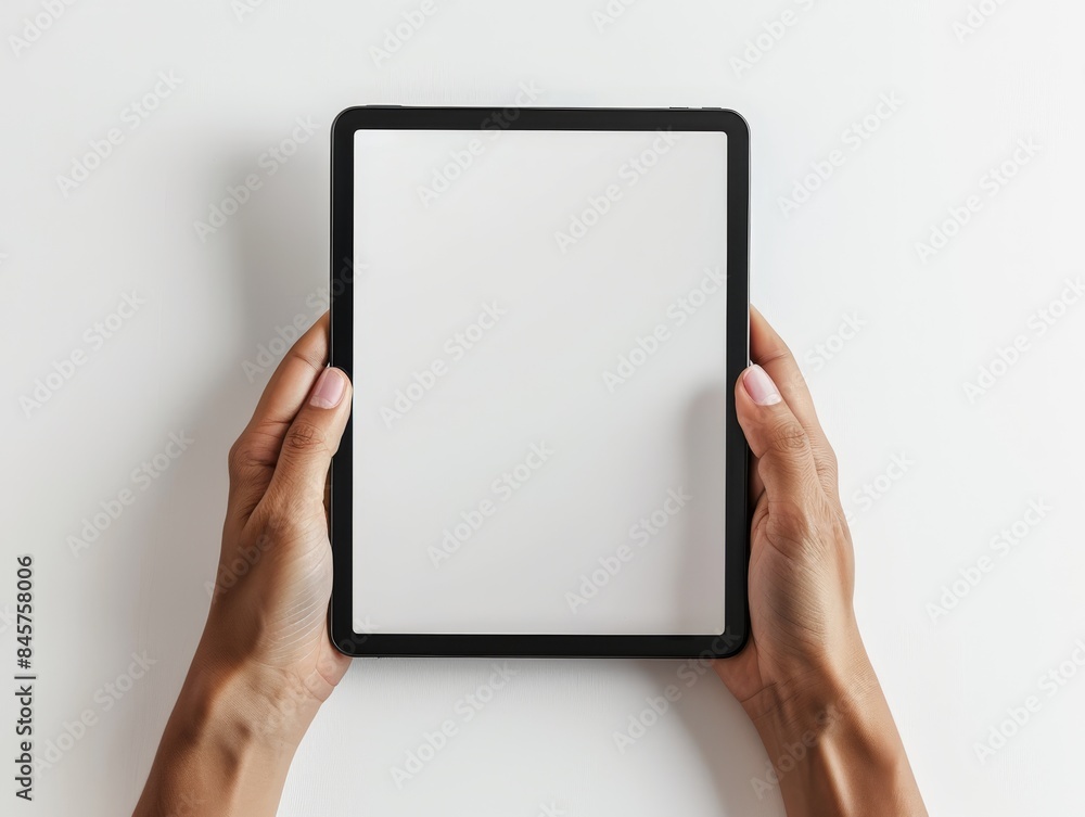 Close-up of hands holding a black tablet with a blank white screen. Perfect for showcasing apps, digital content, or for business presentations Close-up of hands holding a black tablet with a blank white screen. Perfect for showcasing apps, digital content, or for business presentations