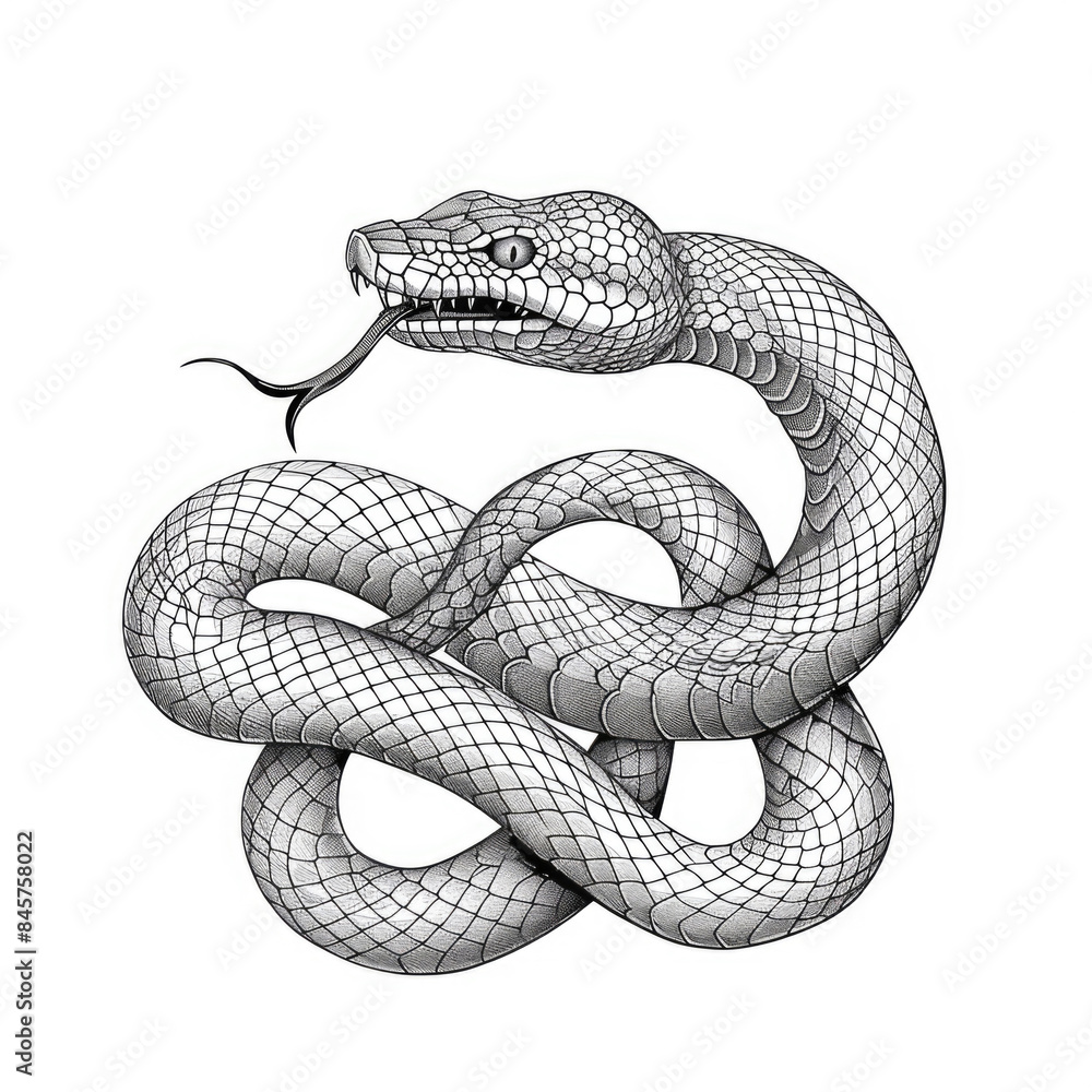 Fototapeta premium Detailed Black and White Illustration of a Coiled Snake with Intricate Scale Patterns and Forked Tongue