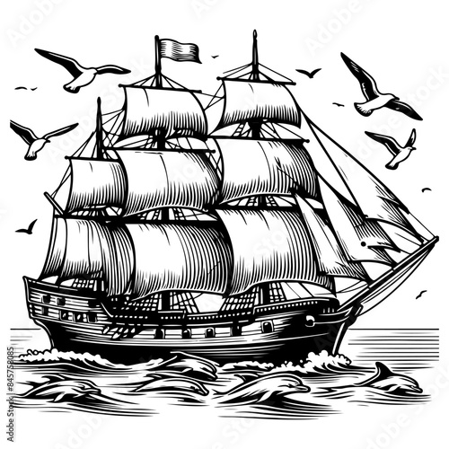 Vessel ship black outline illustration.