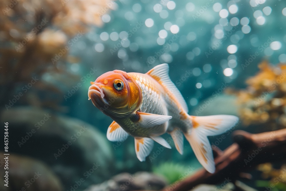 A photo of a goldfish in a fishbowl, with cinematic lighting and a bokeh background. A photo of a goldfish in a fishbowl, with cinematic lighting and a bokeh background.
