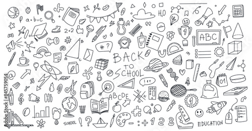Set back to school doodle, black line stationery. Back to school and students concept. A large set of educational graphics for children and adults.
