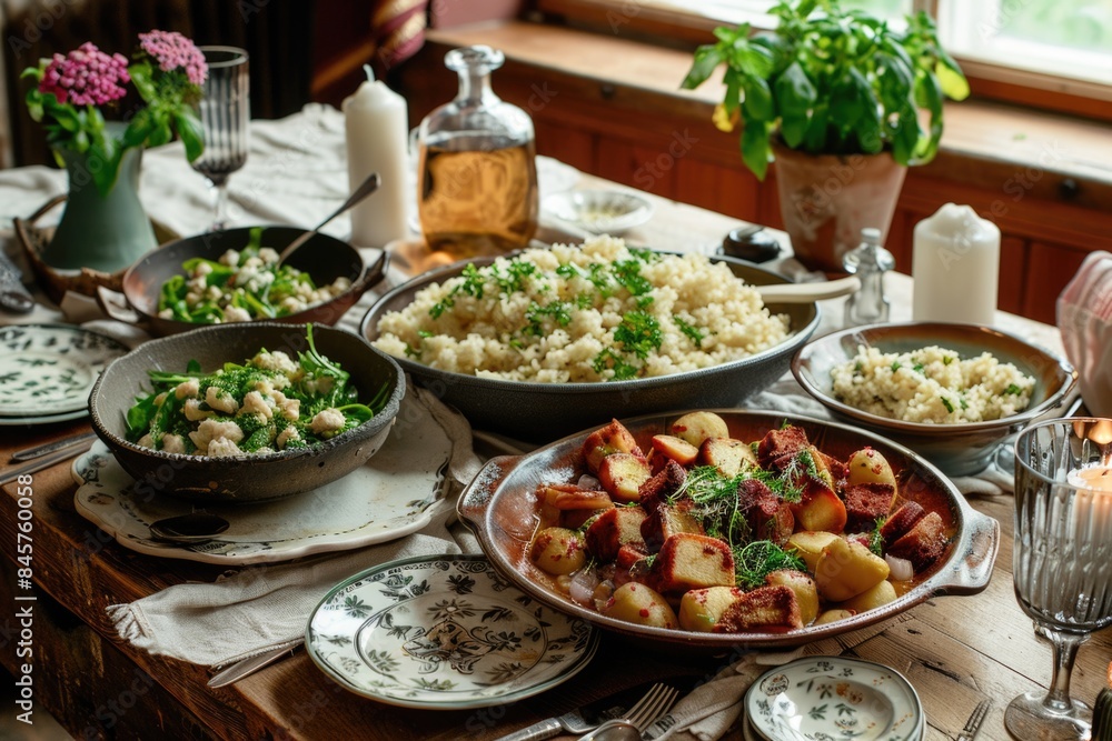 Many plates of food on a table with a candle, norwegian recipes, food background Many plates of food on a table with a candle, norwegian recipes, food background