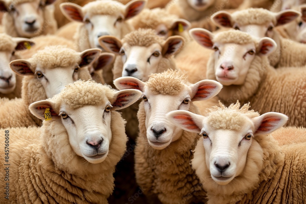 A flock of sheep, white with short wool and pink ears, looking at the camera in a picturesque springtime countryside landscape bathed in sunlight. A flock of sheep, white with short wool and pink ears, looking at the camera in a picturesque springtime countryside landscape bathed in sunlight.