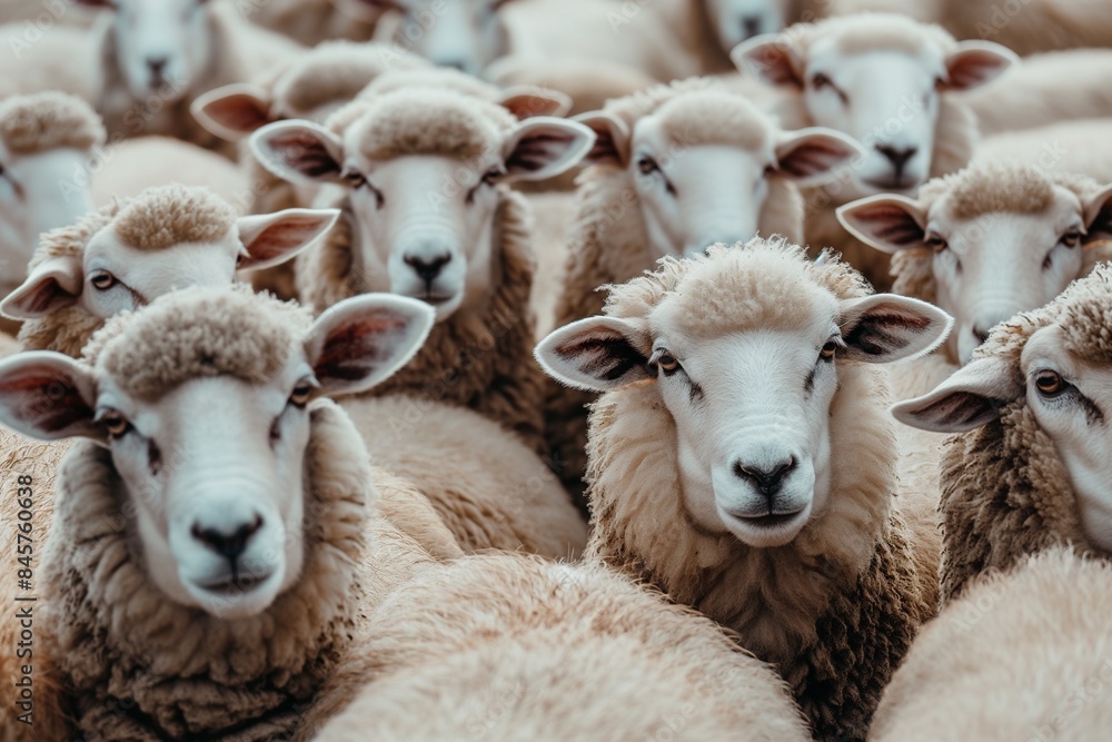 A flock of sheep, white with short wool and pink ears, looking at the camera in a picturesque springtime countryside landscape bathed in sunlight. A flock of sheep, white with short wool and pink ears, looking at the camera in a picturesque springtime countryside landscape bathed in sunlight.