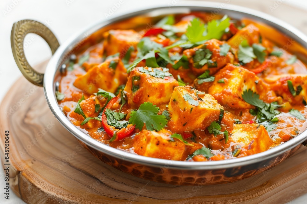 Restaurant-style paneer tika masala in a balti dish, on a wooden block on a white background, traditional Indian food, capsicum, onion, butter, carrot, chilies, parsley, paneer kadai Restaurant-style paneer tika masala in a balti dish, on a wooden block on a white background, traditional Indian food, capsicum, onion, butter, carrot, chilies, parsley, paneer kadai