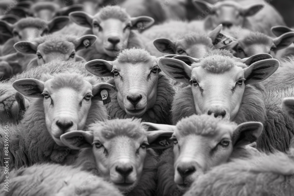 Obraz premium A flock of sheep, white with short wool and pink ears, looking at the camera in a picturesque springtime countryside landscape bathed in sunlight.