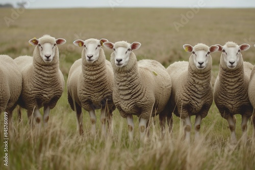 A flock of sheep  white with short wool and pink ears  looking at the camera in a picturesque springtime countryside landscape bathed in sunlight.