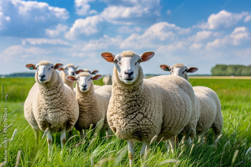 A flock of sheep, white with short wool and pink ears, looking at the camera in a picturesque springtime countryside landscape bathed in sunlight. A flock of sheep, white with short wool and pink ears, looking at the camera in a picturesque springtime countryside landscape bathed in sunlight.