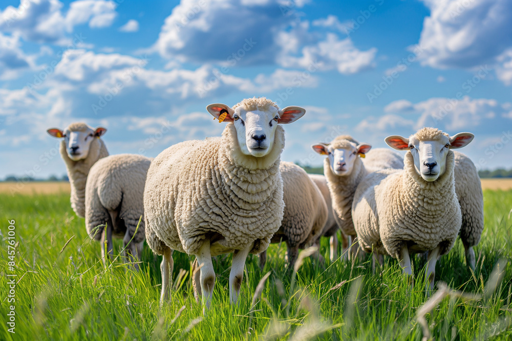Obraz premium A flock of sheep, white with short wool and pink ears, looking at the camera in a picturesque springtime countryside landscape bathed in sunlight.