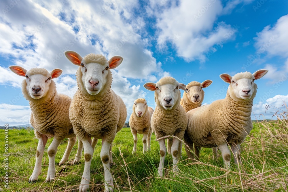 Fototapeta premium A flock of sheep, white with short wool and pink ears, looking at the camera in a picturesque springtime countryside landscape bathed in sunlight.