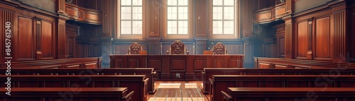 Illustration of courtroom with economic documents presented as evidence, commercerelated argument, judge presiding, detailed and formal 8K , high-resolution, ultra HD,up32K HD photo