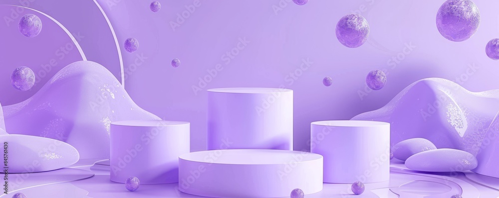 Futuristic purple landscape with three podiums and planet-like spheres Futuristic purple landscape with three podiums and planet-like spheres