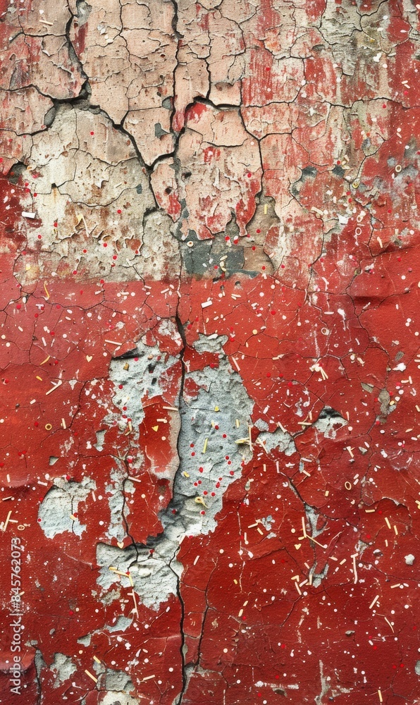 Fototapeta premium Aged Red Paint Peeling on a Weathered Wall, Exterior Texture and Decay