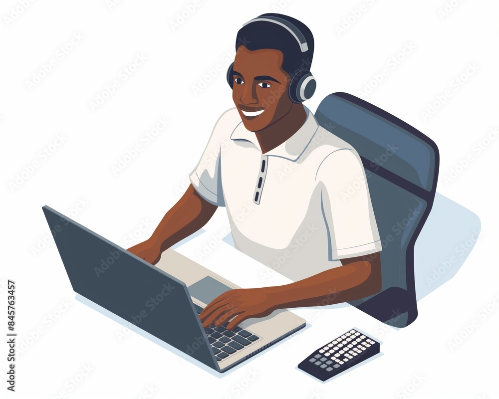 Isometric illustration of a man sitting at desk with laptop and headset, surrounded by icons for marketing analytics, charts, data visualization, simple white background. AI generative. Isometric illustration of a man sitting at desk with laptop and headset, surrounded by icons for marketing analytics, charts, data visualization, simple white background. AI generative.
