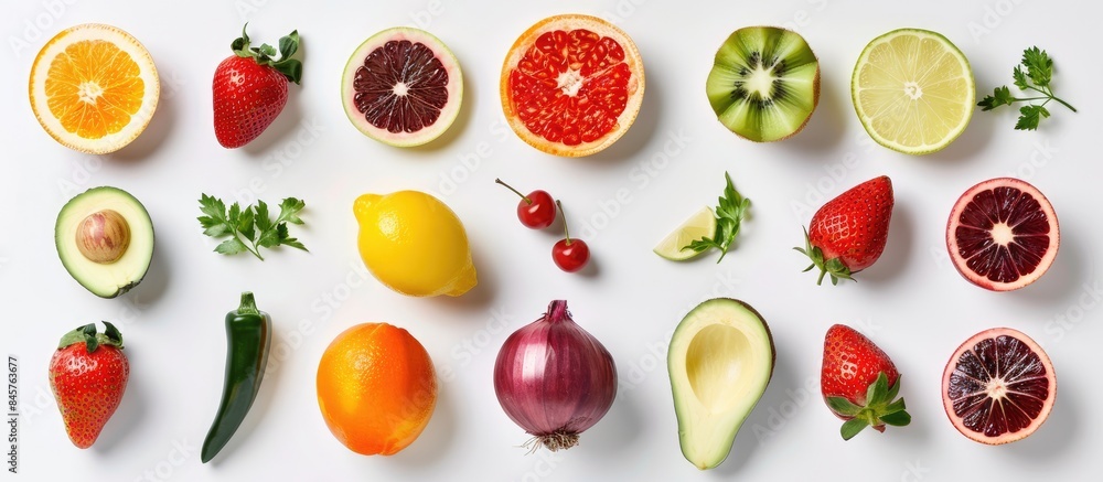 Fruits and vegetables arranged on a white background for a striking and clean presentation. Fruits and vegetables arranged on a white background for a striking and clean presentation.
