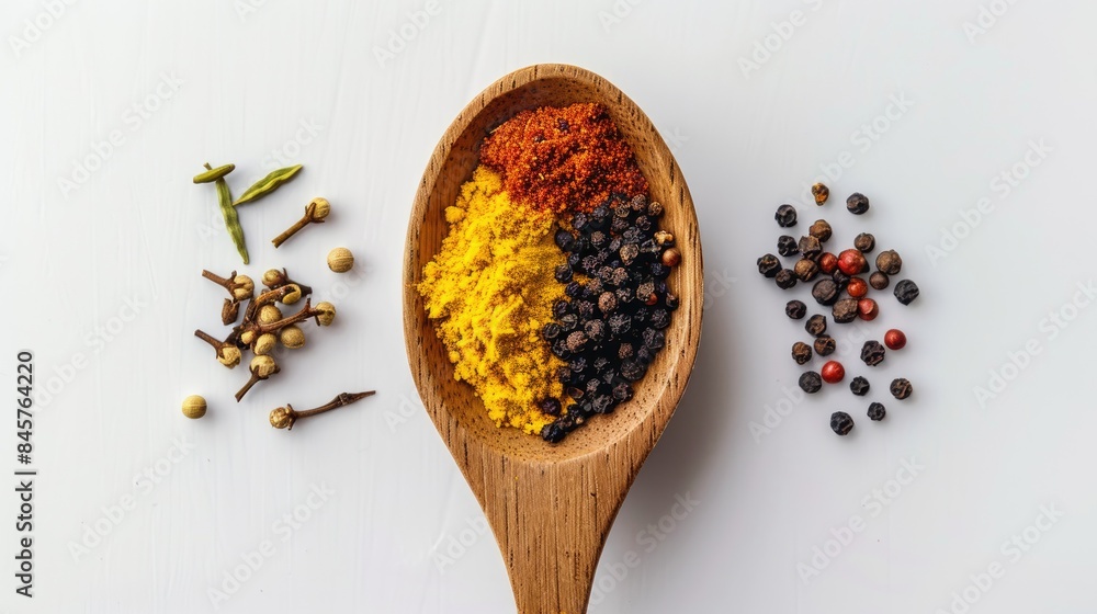 Top view of spices in a wooden spoon against a white background Top view of spices in a wooden spoon against a white background