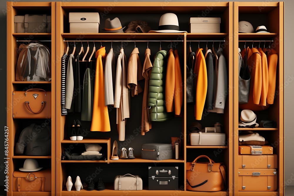 Stylish interior of a home storage room, various clothes on hangers, shoes, accessories and boxes on the shelves Stylish interior of a home storage room, various clothes on hangers, shoes, accessories and boxes on the shelves