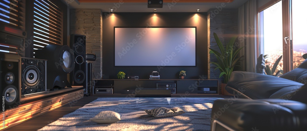 sleek home theater with black accents, blending modern design with ultimate comfort for cinematic enjoyment sleek home theater with black accents, blending modern design with ultimate comfort for cinematic enjoyment