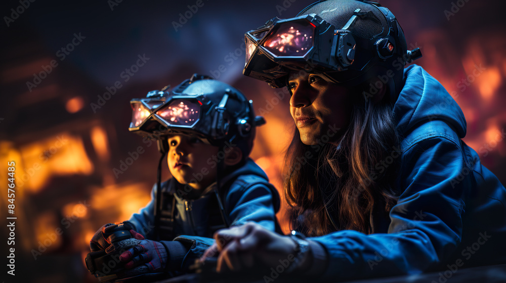 Isolated on a Dark background, unearthly children engage in gaming and utilize virtual reality headsets. Isolated on a Dark background, unearthly children engage in gaming and utilize virtual reality headsets.