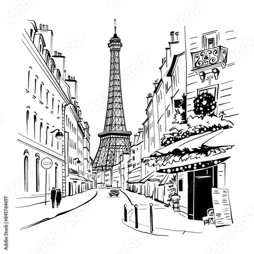 Vector black and white of Paris street with street cafe and Eiffel Tower, Paris, France