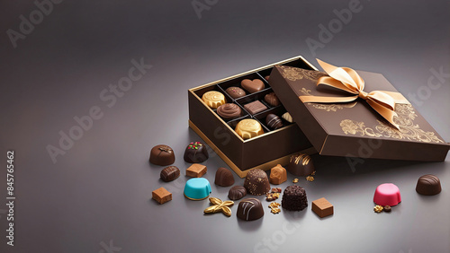 Elegant Background with Open Gift Box of Assorted Chocolates: Pralines, Truffles, Bonbons with Intricate Designs, Glossy Finishes, Luxurious Ribbon, Text Space, Generative AIes) photo