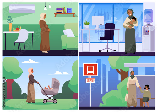Muslim mother in hijab takes care of newborn baby in office, Islamic pregnant woman at home, happy motherhood vector set