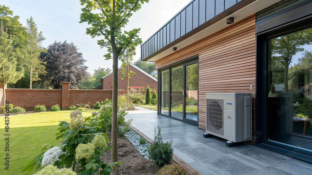 Air Source heat pump installation outside a newly built residential home Air Source heat pump installation outside a newly built residential home