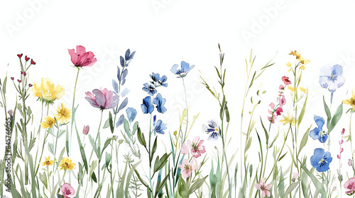 A delicate watercolor painting of a flowers and foliage on a white background