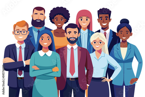 A group of smiling professionals in business attire, representing a diverse range of cultures and backgrounds, stand together in a unified posture.