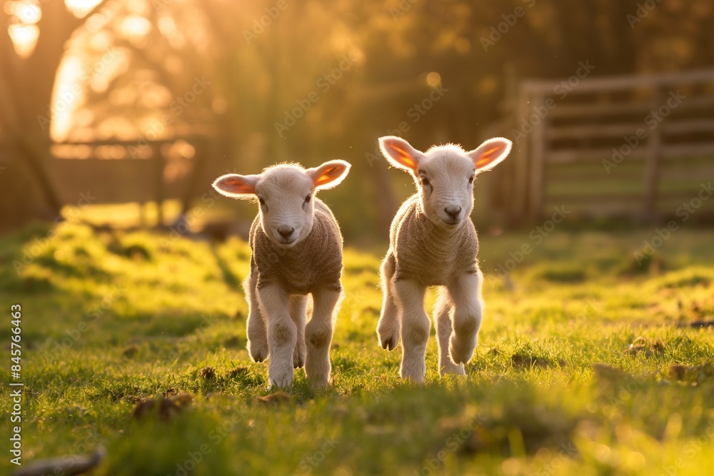 Photo of two adorable baby lambs playing in the green field, with sheep grazing peacefully nearby. The sun is setting on an English countryside farm, casting long shadows and creating a warm atmospher Photo of two adorable baby lambs playing in the green field, with sheep grazing peacefully nearby. The sun is setting on an English countryside farm, casting long shadows and creating a warm atmospher