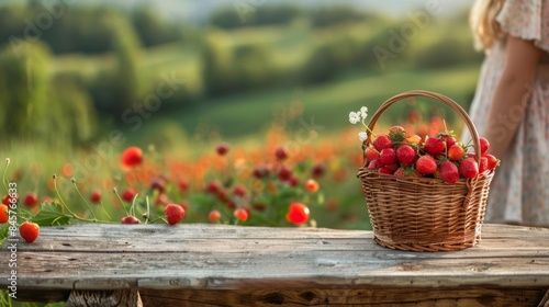 Fresh Summer Berries on Rustic Table Overlooking Green Fields - Outdoor Cherry and Strawberry Picking Scene at Sunset
