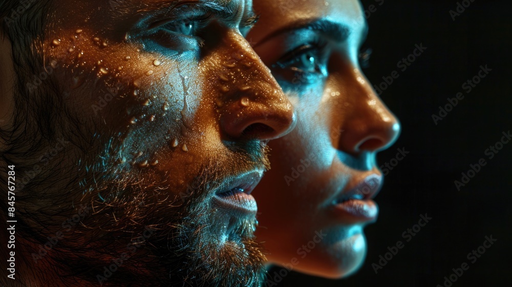 Close-up portrait of a man and a woman, both athletes, sweating after a strenuous workout Close-up portrait of a man and a woman, both athletes, sweating after a strenuous workout