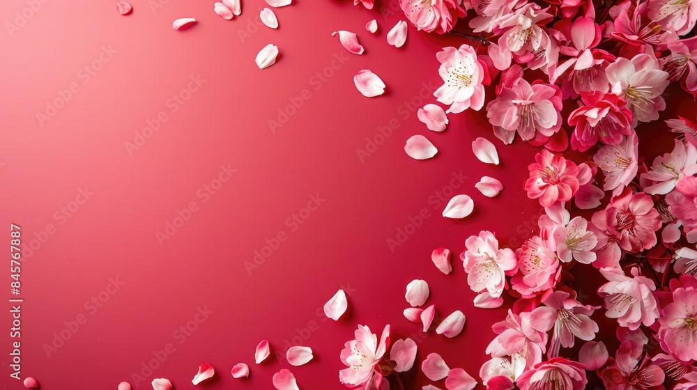 White and pink sakura cherry petal border on red background with space for text White and pink sakura cherry petal border on red background with space for text