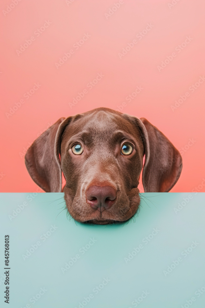 Weimaraner puppy peeking over the edge of an empty, blank white billboard with its paws on the bottom edge, its head looking at the camera isolated against a pastel background Weimaraner puppy peeking over the edge of an empty, blank white billboard with its paws on the bottom edge, its head looking at the camera isolated against a pastel background