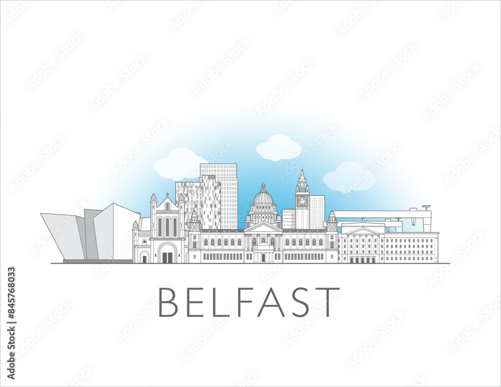 Naklejka premium Belfast, Norther Ireland cityscape illustration skyline drawing