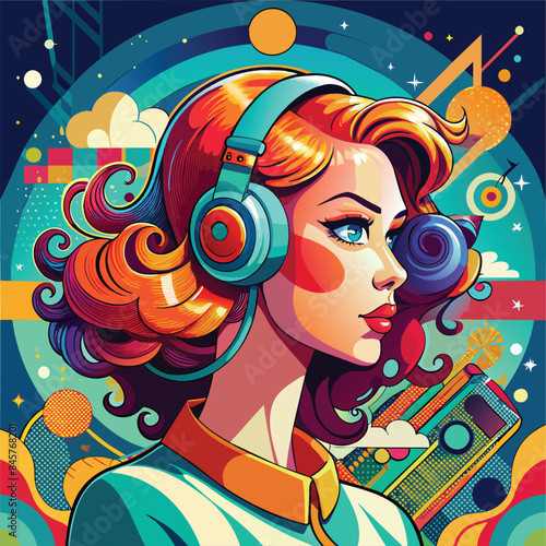 This image features a stylized illustration of a girl wearing headphones, rendered in a simple, abstract art style. The design emphasizes clean lines and vibrant colors, making it ideal for a variety 
