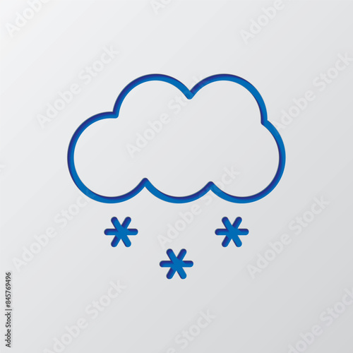 Cloud snow simple icon. Flat design. Paper cut design. Cutted blue symbol with shadow. Gray background