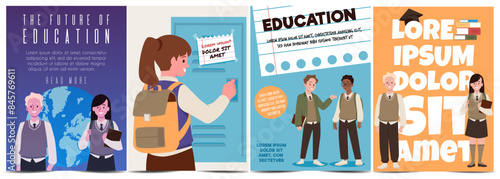 A collection of vector posters with an empty space for text and students in high school uniforms.