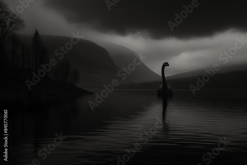 Loch Ness, Scotland, UK, illustration based on an Iconic 'Nessie' photo that emerged 1933, sparking Loch Ness Monster legend