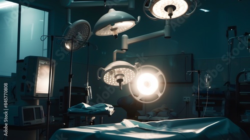 Empty surgical room with modern equipment and bright overhead lights ready for upcoming procedure