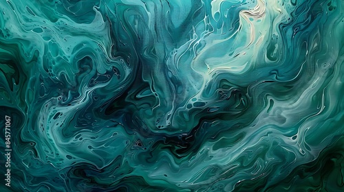 A bold, abstract acrylic painting with swirling blues and greens, evoking the ocean's depths