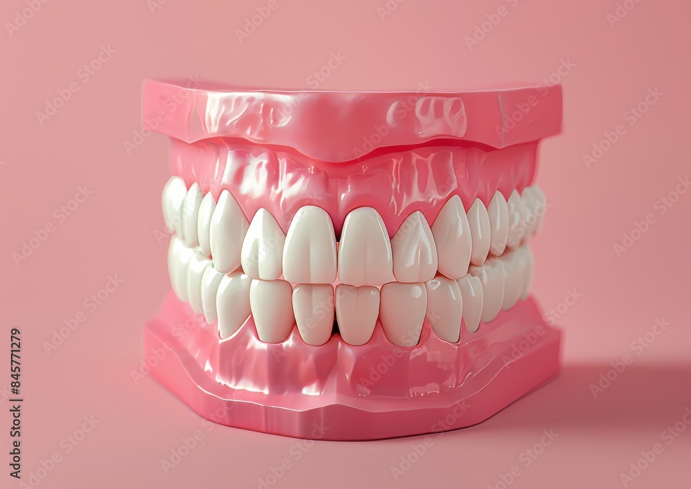 Dental model of the lower jaw with white teeth on pink background. Dental model of the lower jaw with white teeth on pink background.
