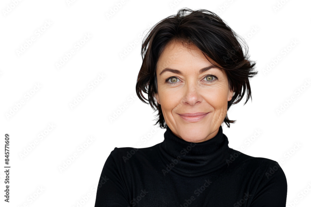Middle-aged woman with short dark hair smiling. Middle-aged woman with short dark hair smiling.