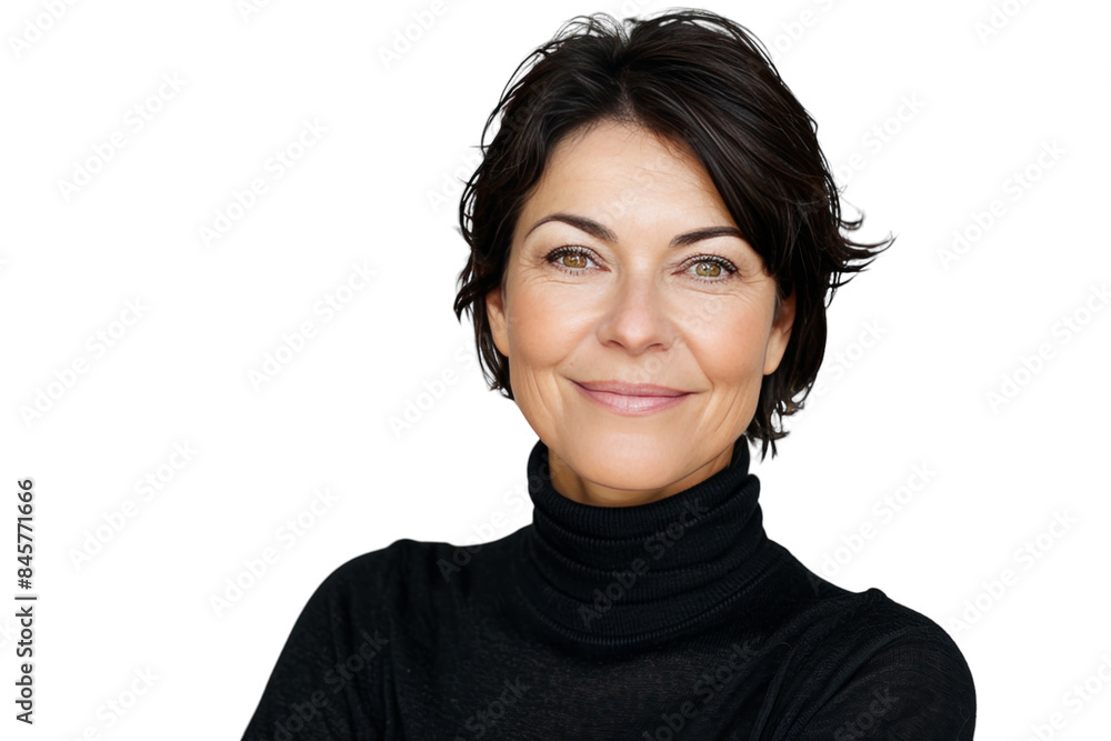 Middle-aged woman with short dark hair smiling. Middle-aged woman with short dark hair smiling.